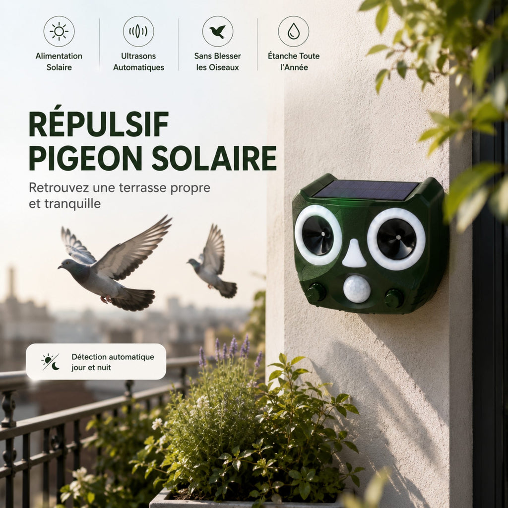 Répulsif Pigeon Ultrason Solaire SkyGuard™ — Triple Dissuasion Jour et Nuit