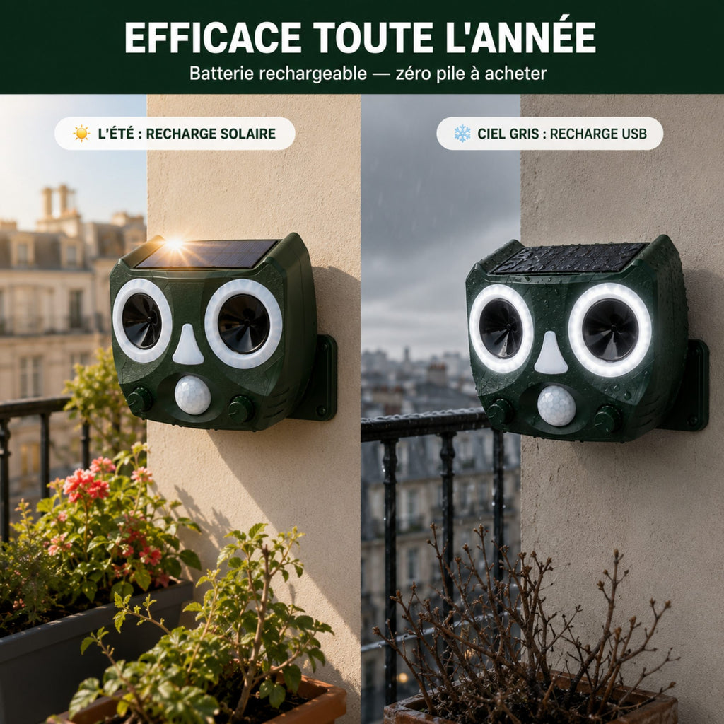 Répulsif Pigeon Ultrason Solaire SkyGuard™ — Triple Dissuasion Jour et Nuit