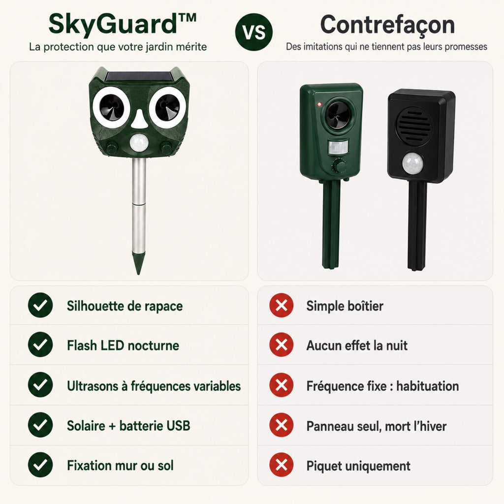 Répulsif Pigeon Ultrason Solaire SkyGuard™ — Triple Dissuasion Jour et Nuit