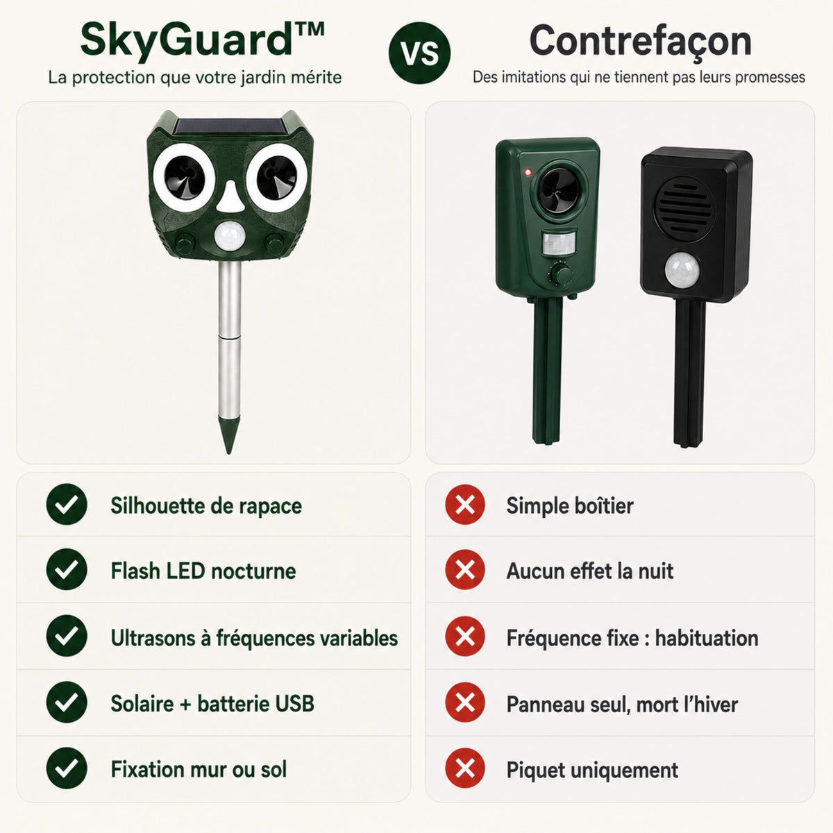 Répulsif Pigeon Ultrason Solaire SkyGuard™ — Triple Dissuasion Jour et Nuit