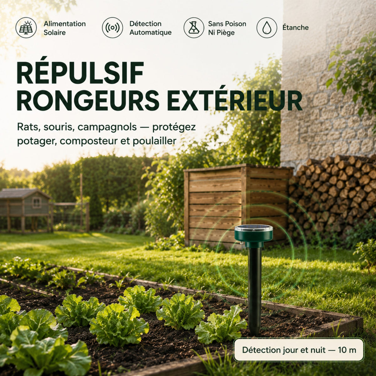 Répulsif Rongeurs Extérieur Ultrason Solaire GardenGuard™ — Rats, Souris, Taupes — 400h d'Autonomie