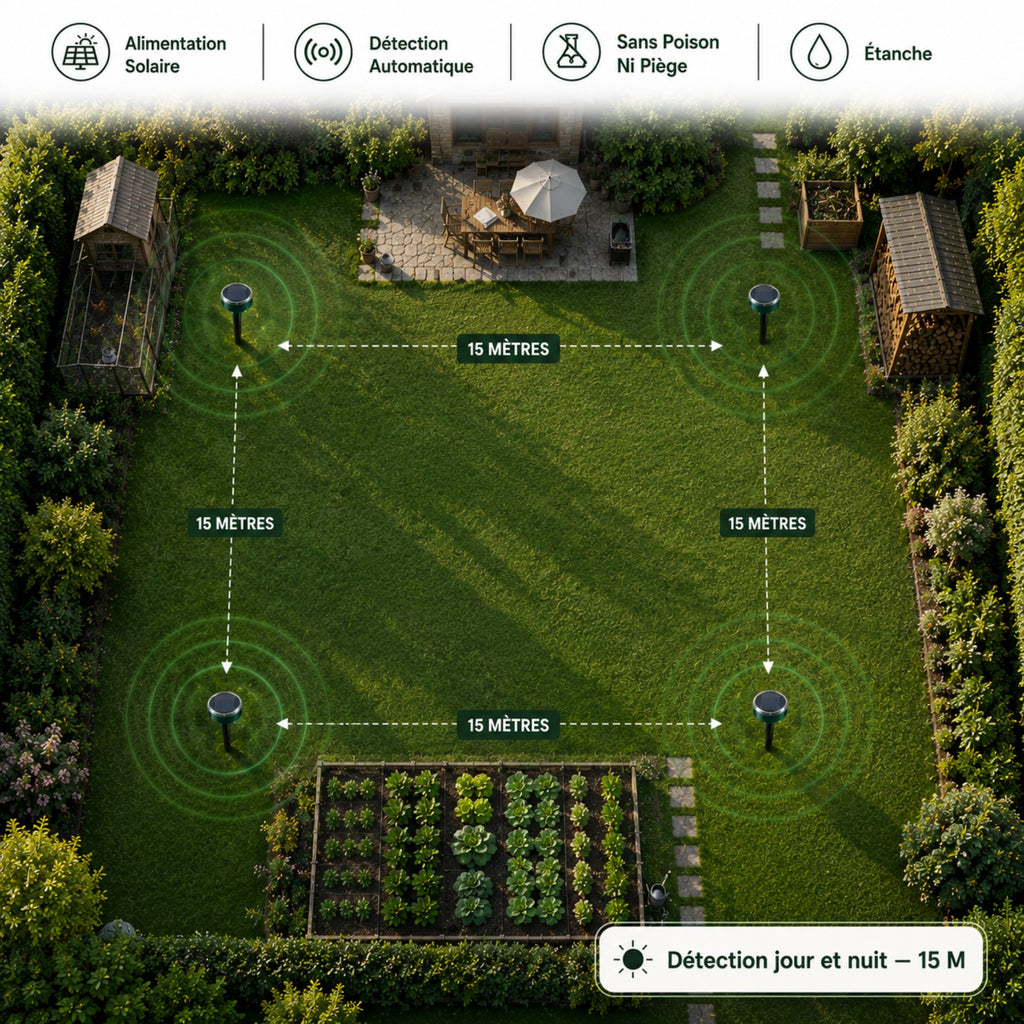 Répulsif Rongeurs Extérieur Ultrason Solaire GardenGuard™ — Rats, Souris, Taupes — 400h d'Autonomie