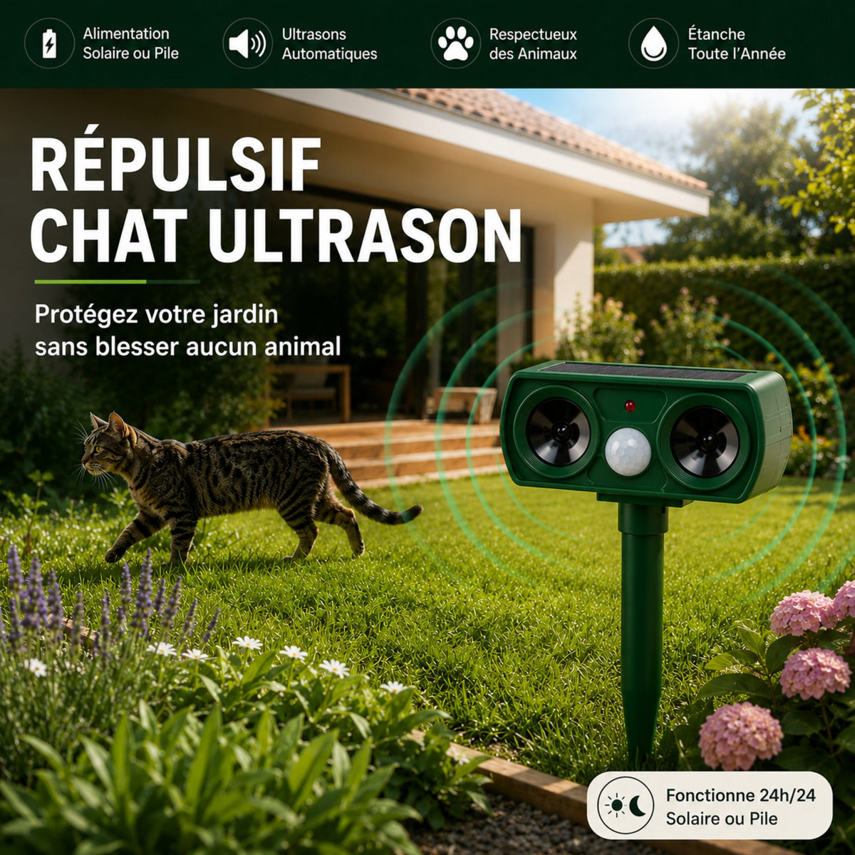 Répulsif Chat Ultrason FelixGuard™ — Détection Jour et Nuit